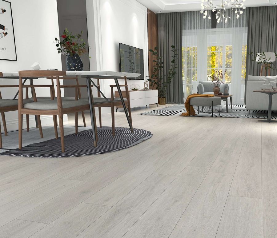 Pluto Ash SPC flooring installed in a room setting